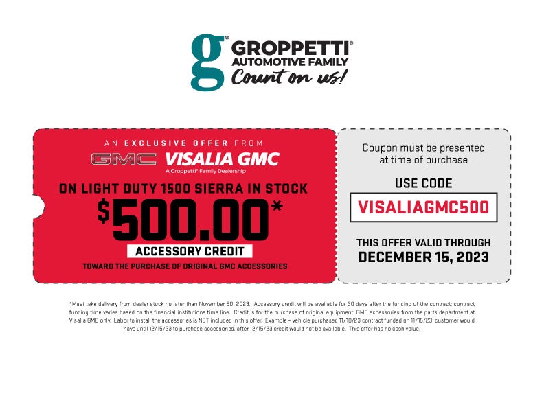 $500 credit toward the purchase of original GMC Accessories on all light duty 1500 Sierra's in stock